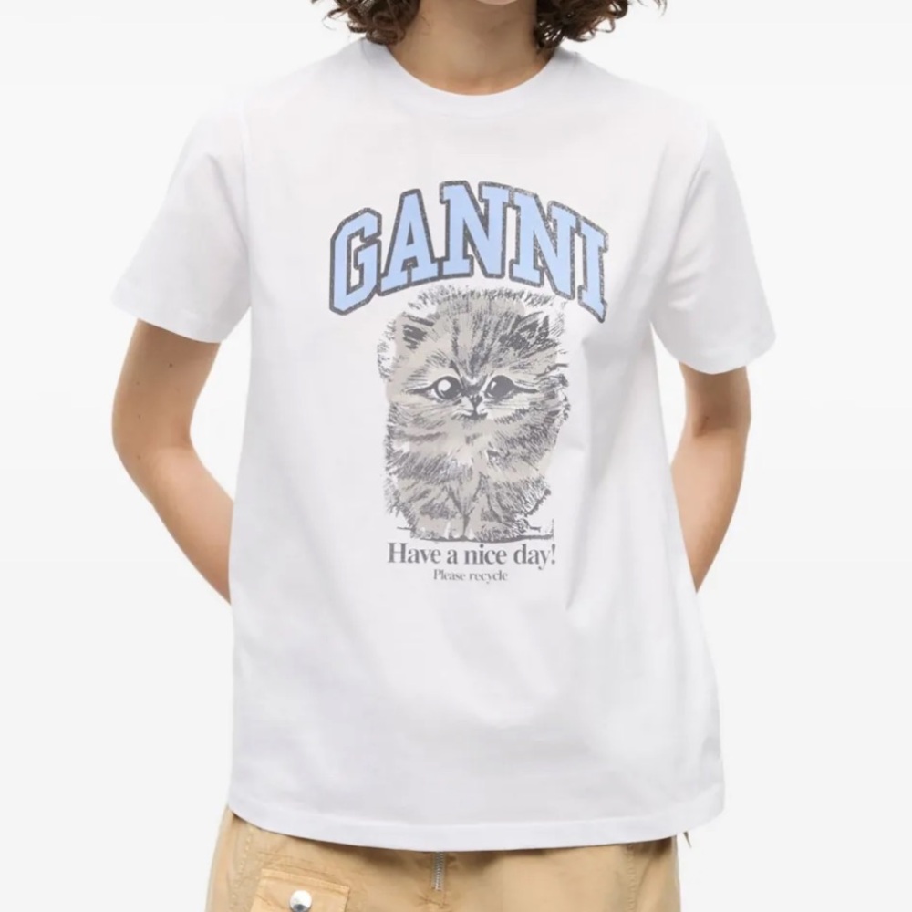 Ganni Relaxed Jersey Kitty Graphic Tee White Medium NWOT